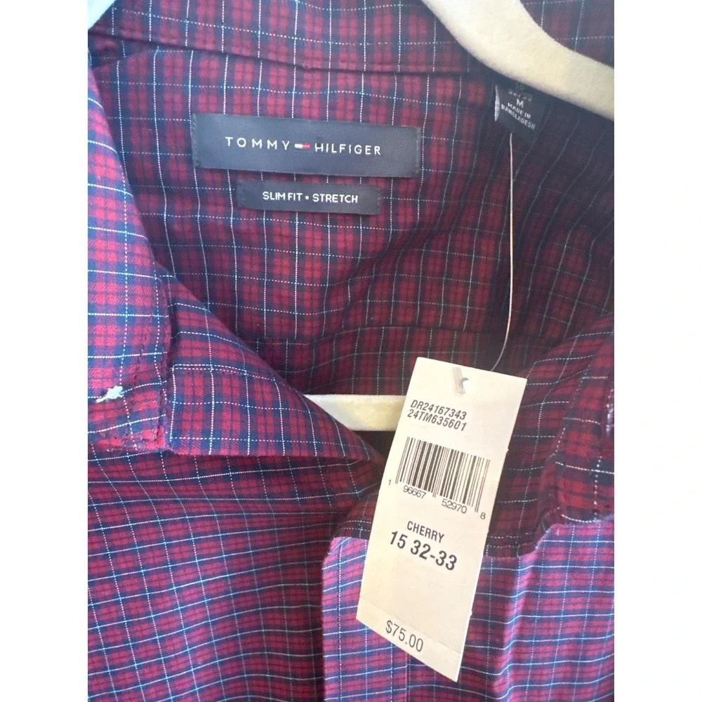Tommy Hilfiger Mens Slim Fit Stretch Dress Shirt Cherry Red Plaid 15 32/33 M NEW
